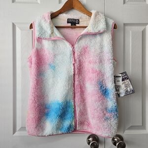 NWT Northern Expedition Womens Fuzzy Fleece Vest Pink White Blue Tie Dye Size L